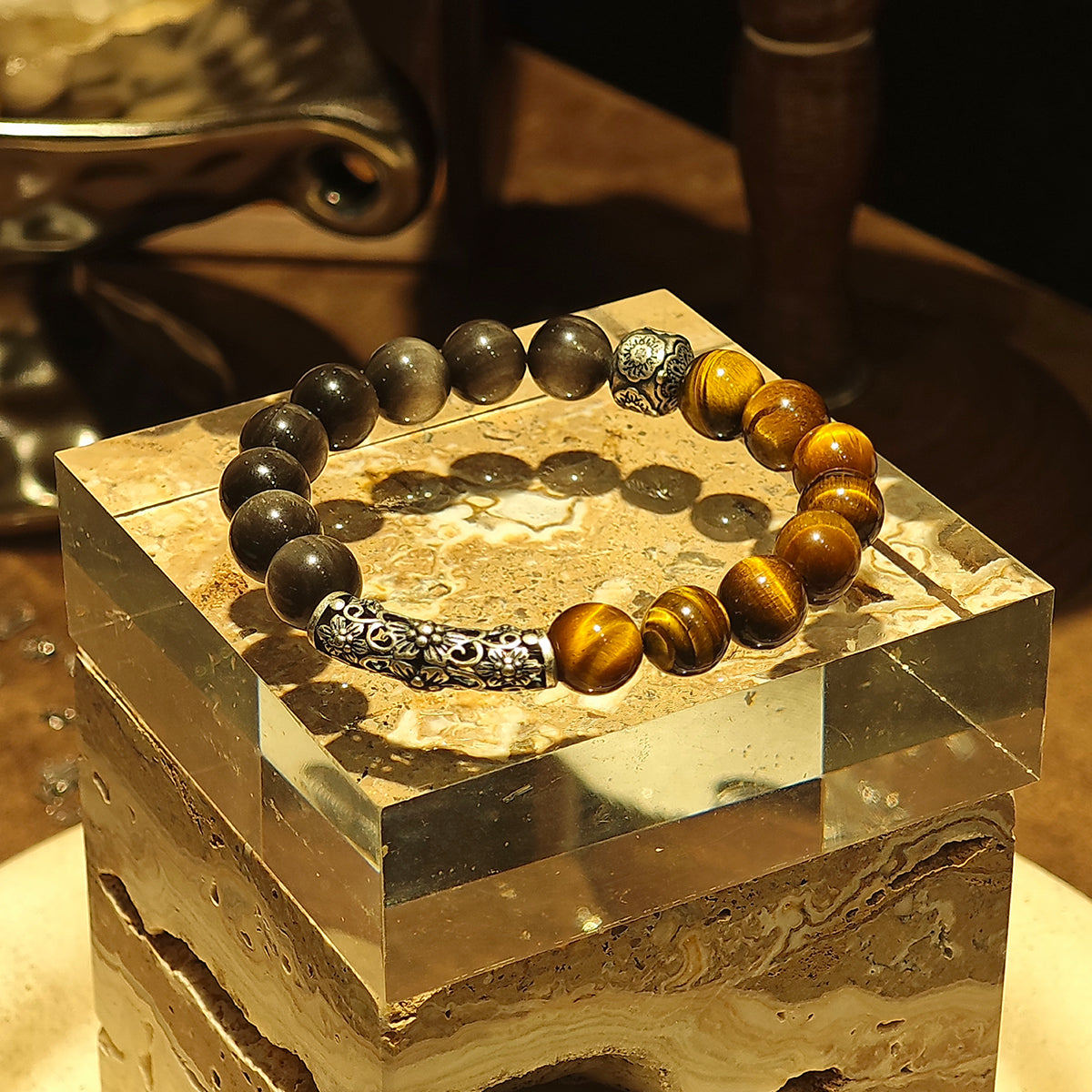 Handmade Tiger Eye and Silver Sheen Obsidian Bracelet with Antiqued Silver - Tribal Elegance Collection-st-0017