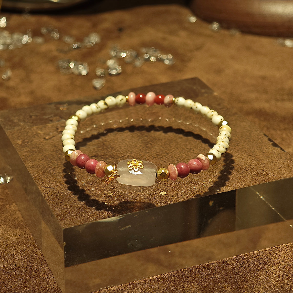 Handmade Rhodochrosite and Howlite Bracelet with Gold Plated Accents-st-0006