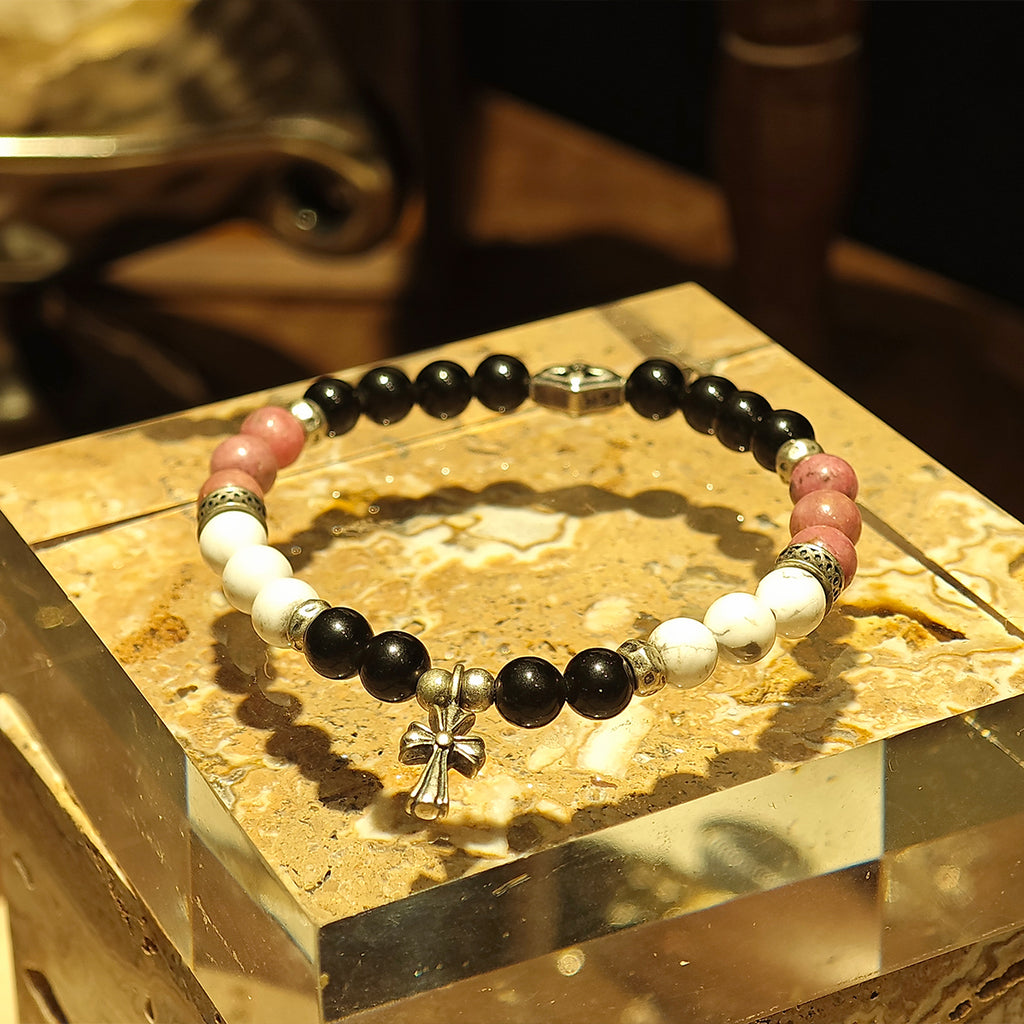 Handmade Obsidian, Rhodochrosite and Howlite Bracelet with Silver Accents-st-0002