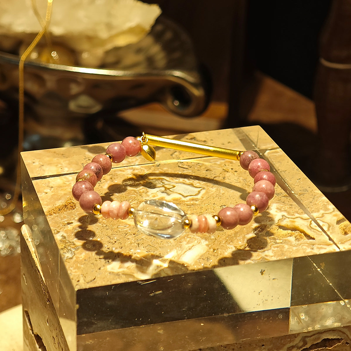 Handmade Rhodochrosite and Raw Crystal Bracelet with Gold Accents-st-0003