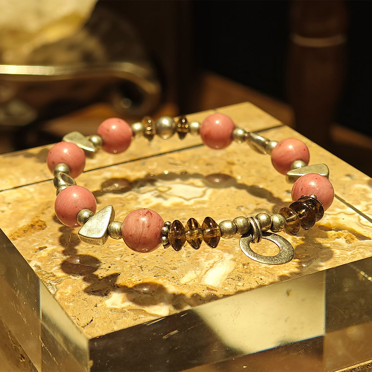 Handmade Rhodochrosite and Smoky Quartz Bracelet with Antique Silver-st-0004