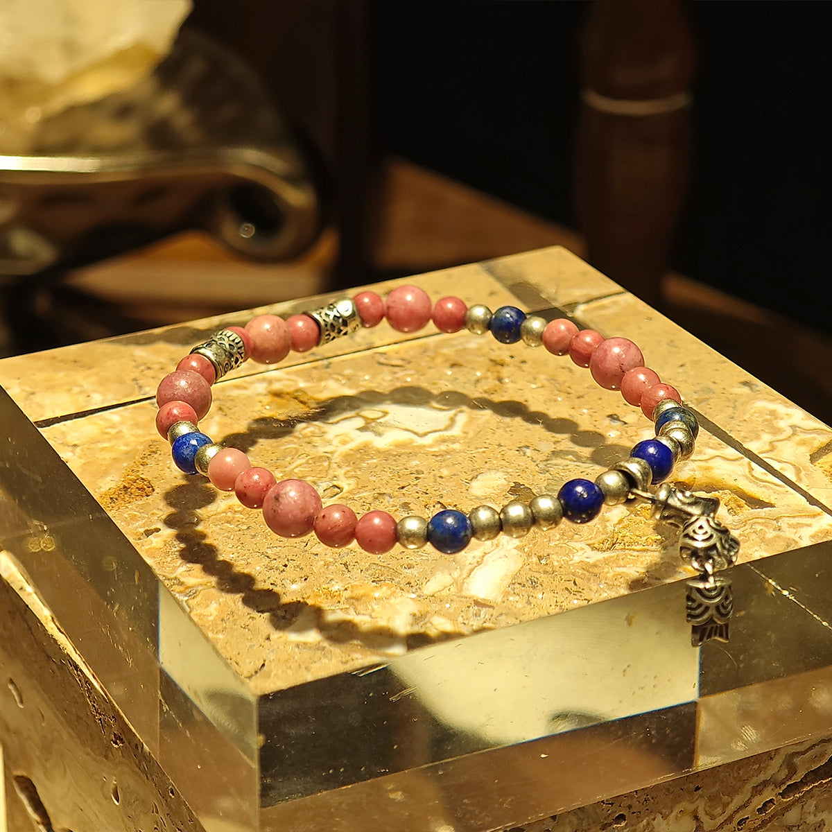 Handmade Lapis Lazuli and Rhodochrosite Bracelet with Antique Silver-st-0005